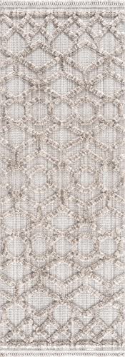 Hauteloom Malilinao Farmhouse Living Room Bedroom Modern Moroccan Trellis Runner Rug - Soft Shaggy High Low Carpet - High Pile - Bohemian, Boho - Gray, Brown, Beige, Cream - 2'7" X 7'3" #TOP1