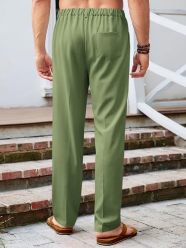 Image of Runcati Mens Casual Pants Elastic Waist Lightweight Loose Pleated Slacks | Summer Beach, Yoga Trousers, Button Closure, Straight Leg, With Pockets, Solid Color