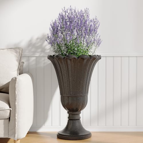 24 Tall Urn Planters Set of 2, Black Outdoor Planter for Porch | HDPE Resin Weather-Resistant Large Planters with Drainage Holes, Lightweight Vintage Petal Design for Patio, Porch, Garden