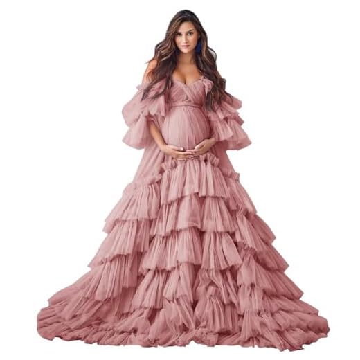 Toreque Long Tulle Maternity Robe Ruffles High Waist Sheer Sleeve Beach Bathrobe Dusty Rose Dressing Gown L-XL