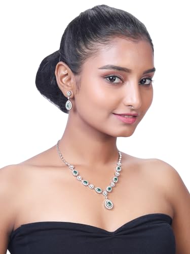 Image of ASMITTA Jewellery American Diamond Necklace Set Rhodium Plated Earrings Jewellery Set for Women & Girls