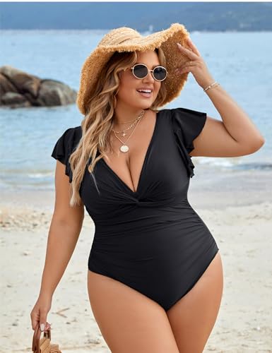 Blooming Jelly Womens Tummy Control Bathing Suit One Piece Plus Size Swimsuits Lace Up Back Ruffle Swim Suits 20254