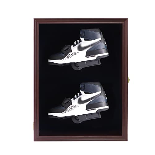 COMSREV Memorabilia Shoe Display Case Wooden Frame Wall Mount Acrylic Clear Door Sneaker Cabinet Containers Storage Shelves Boxes 98% UV Protection Lockable(Double Shoe-Cherry