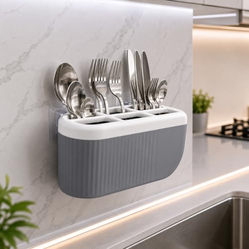 Image of Wall Mounted Cutlery Holder, 6 Section Self Draining Kitchen Organizer for Spoons, Knives, Forks, Chopsticks & Utensils, ABS Plastic Cutlery Stand for Kitchen & Dining Table, Home Storage