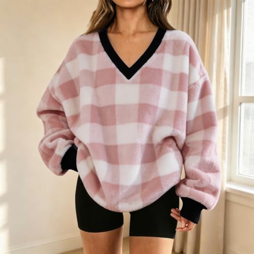 Pink Sweatshirt for Women Flannel Plaid V Neck Oversized Pullover Tops - image 3