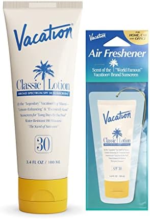 Vacation Classic Lotion SPF 30 Sunscreen with Included Air Freshener - Water Resistant Broad Spectrum Sunscreen Sun Block - Vegan Sun Tanning Lotion - Body Lotion with SPF - Travel Size - Body Lotion with SPF - Travel Size Sunscreen - Suntan Lotion Paraben Free Sunscreen