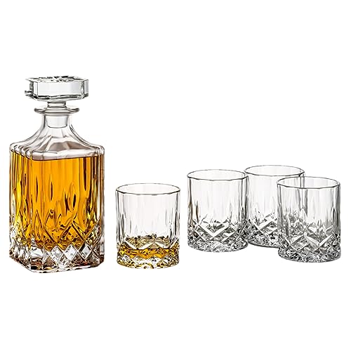 gouveo Whiskykaraffe mit 4 Gläser 35148 - Dekanter-Set aus hochwertigem Glas mit 4 passenden Whiskygläsern - Tolles Geschenkset für Männer und Whiskyliebhaber