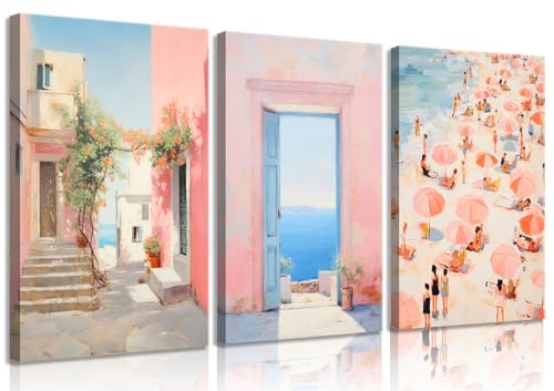 3Pcs Trendy Pink Beach Canvas Wall Art Pastel Preppy Coastal Ocean Painting Picture Wall Decor Retro Sea Beachy Scene Posters Print Artwork for Teen Girl Dorm Girls Room Aesthetic Decor 12x16in