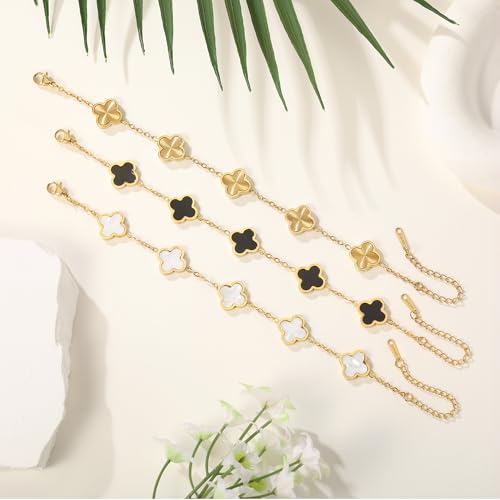 (Sturdy Version) 18K Gold Plated Bracelets for Women Men (Double Sided) Four Leaf Clover Cute Trendy Lucky Braclet (Adjustable) Fit Wrist Within 8 Inch, Gold White Black Green Blue Red Pink4