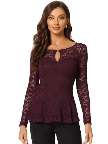 Allegra K Women's Dressy Top Formal Wedding Guest Long Sleeve Lace Peplum Blouse