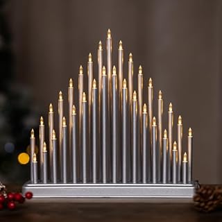 HomeZone® Modern Large Silver Pipe Candle Bridge Arch Tower - Mains Operated Elegant 33 White LED Xmas Candles - Christmas Decorations Candlebridge for Office, Window, Table or Home Decor (34cm)