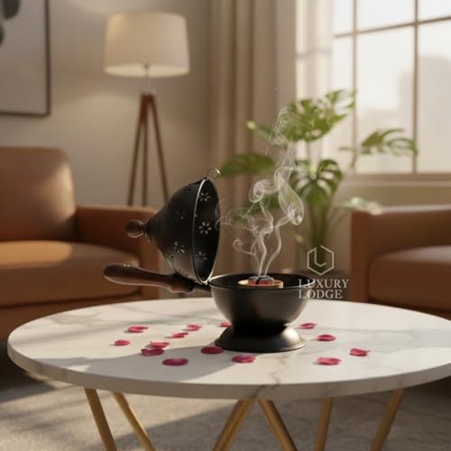 Image of 𝐋𝐔𝐗𝐔𝐑𝐘 𝐋𝐎𝐃𝐆𝐄 Metal Dhoop Dani | Incense Burner for Puja | Loban Dani | Bakhoor Burner | Dhoop Holder Stand | Globe Design with Wooden Handle | Pooja Room Decor | Home Fragrance | Gift