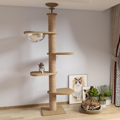 Ambety キャットタワー 突っ張り 木製 大型猫 コットン紐 スリム 木登り 多頭飼い キャットツリー シニア 据え置き 11cm太い支柱 猫タワー 中型 猫キャットタワー おしゃれ コンパクト 省スベース 木製 宇宙船 隠れ家 爪とぎ 安定 (C)
