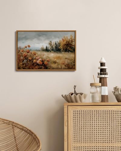 Image of KISSFOX Vintage Framed Wall Art Decor Modern Farmhouse Fall Landscape Pictures Paintings Wall Decor Rustic Autumn Leaves Canvas Art Prints Nature Countryside Artwork For Bedroom Kitchen Living Room