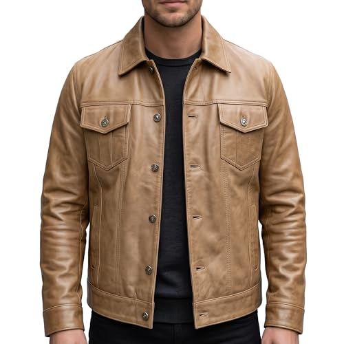 Image of Mens Leather Jackets - Real Lambskin Trucker Style Vintage Leather Jacket Men