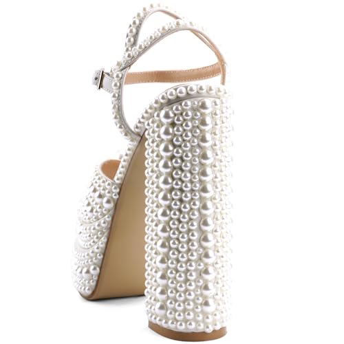 White Pearl Platform Heels For Women Chunky Heeled Sandals Square Peeped Toe Ankle Strap High Heels Slingback Dress Evening Bride Bridal Shoes4