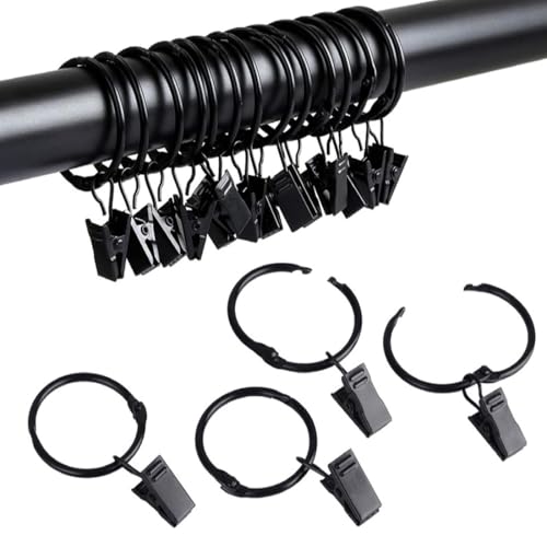 OUDQFCJ 20 pezzi anelli per tende con clip, anelli per tende di alta qualità con ganci, clip per tende per pali per tende da esterno (diametro interno 32 mm) (nero)