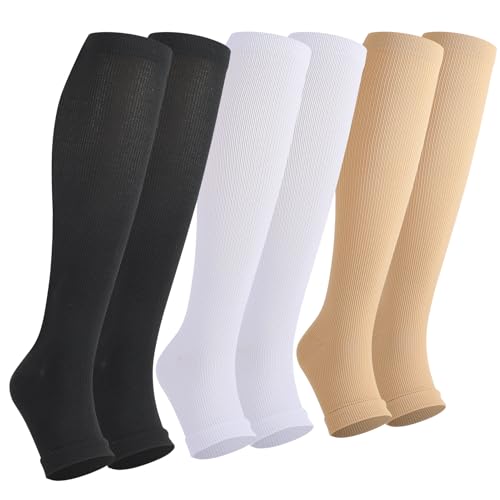 3 pares de calcetines de compresión para mujer, calcetines de compresión largos con 15-25 mm, medias de viaje, medias de apoyo, punta abierta, soporte graduado, negro, blanco, color de la piel, 38-42