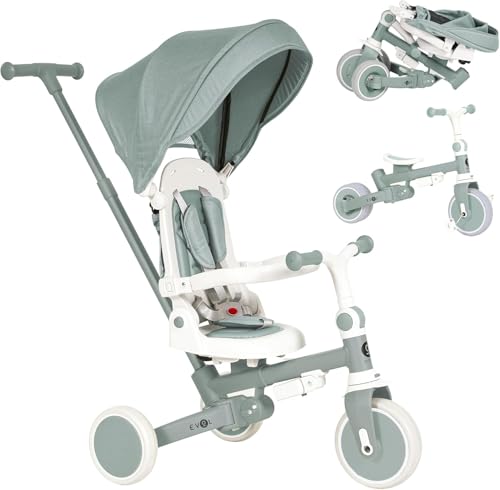 Olmitos - Triciclo Evolutivo de Bebé 5 en 1 EVOL - Bicicleta Niños de 1 a 5 años - De Triciclo a Bicicleta con o sin Pedales – Respaldo, Barra Seguridad y Capota (Menta)