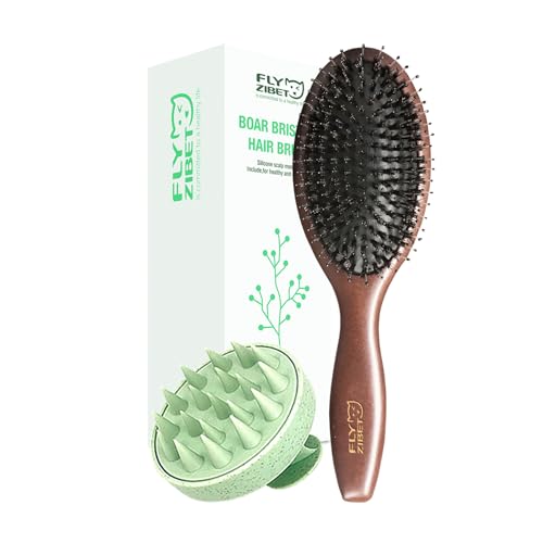 FLYZIBET Hair Bristle Brush, Boar Bristle Hair Brush, Detangling Hair Brush for All Hair Types, Restore Shine And Texture Benefit for Women Mens and Kid, 1 Scalp Massager Included