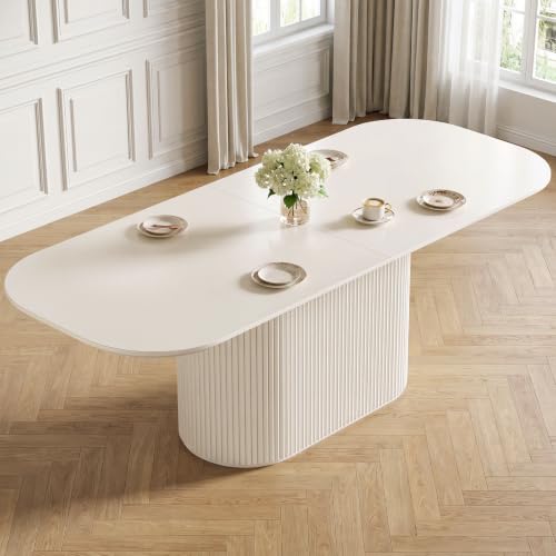TreLined 86.61" Oval Dining Table for 8, Modern White Fluted Base