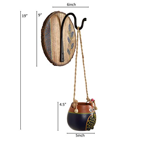 Image of AAKRITI ART CREATIONS Wall Hanging Planter with Hook | Blue & Brown Earthen Planter on Round Wooden, Modern Art, Matte Finish | Metal, Terracotta & Wood | Decorative Hanging Pot for Indoor & Outdoor