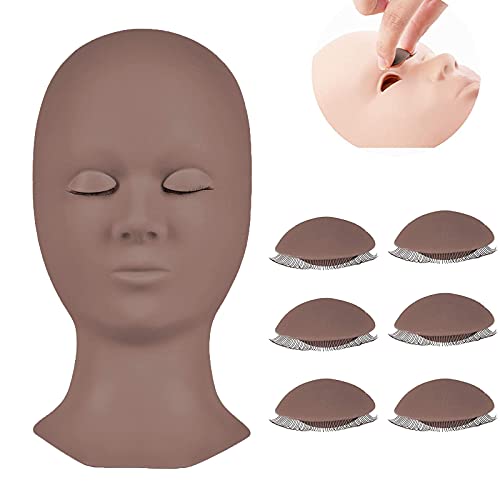 Mannequin Head with Removable Eyelids Eyelashes Extension Supplies with 4 Pairs Replaced Eyelids Makeup Rubber Silicone Training Mannequin Head Lash for Practice Eyelash Extensions (brown)