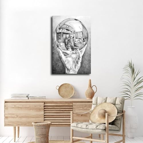 SC M.C. Escher Hand with Reflecting Sphere Canvas Wall Art, Surreal Optical Illusion Print, Black and White Sketch Artwork for Living Room Bedroom Office, Framed Ready to Hang 16"x24" (8 * 12) - 4