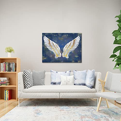 Rnnjoile Angel Wing Canvas Wall Art Navy Blue And Gold Painting Pictures For Home Dining Room Bedroom Wall Decor Framed 24"X32" #TOP3