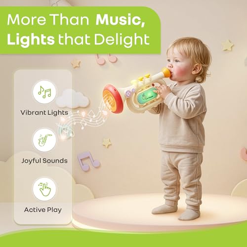 Image of R for Rabbit Orapple Funtunes Trumpet Musical Toys for Kids | Light & Sound Music with Smart Auto Shut Off | 3 Play Modes | Early Learning Music Toy for Toddlers Ages 1+ Ideal for Kids (Beige Multi)