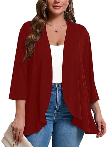 Image of AusLook Women's Plus Size Lightweight Open Front Cardigan 3 /4 Sleeve Cover Ups Shrugs Shawls and Wraps Kimono Jacket Coat