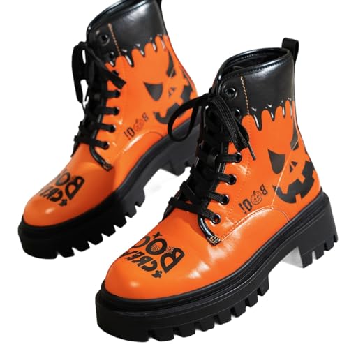 Halloween Gothic Combat Boots Fashion Lace-Up Skull Rose Ankle Booties Chunky Heel Platform Leather Boots