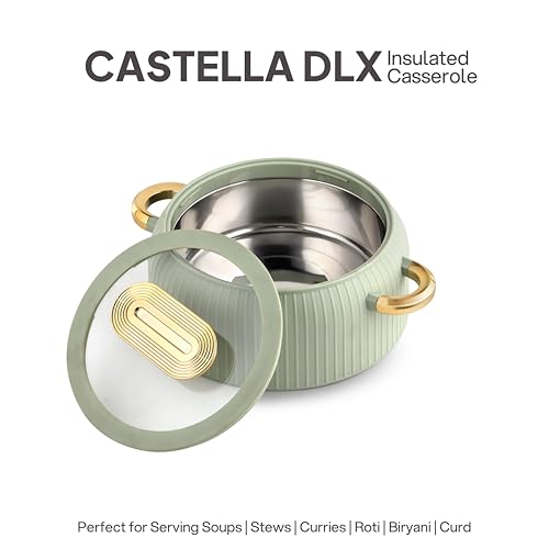 Image of CELLO Castella Deluxe 2500 Insulated Steel Casserole Hot Box for Kitchen 2500 ml, Green | Double Wall Airtight Hot Pot Case Keeps Food Hot & Warm for Long Hours, Casserole Set for Roti Rice Biryani