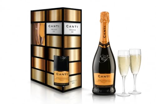 Canti - Prosecco D.O.C. Millesimato Extra Dry Wine 10 5% Gift Pack with 2 Gasses Italian Glera Grape Variety from Veneto Fruity and Floral Taste 1x750 ml