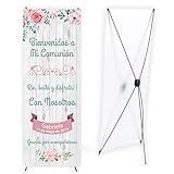 Lona Fundida de alta calidad Cartel Comunión niña Flores Mint y Fondo Madera con Soporte 60 x 160 cm. Decoración comunión, Photocall Personalizado con Nombre y Fecha. Fabricación Española, Banner de Bienvenida