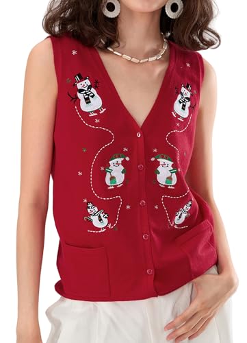 Image of KMBANGI Women Christmas Button Sweater Vest Embroidery Sleeveless Cardigan