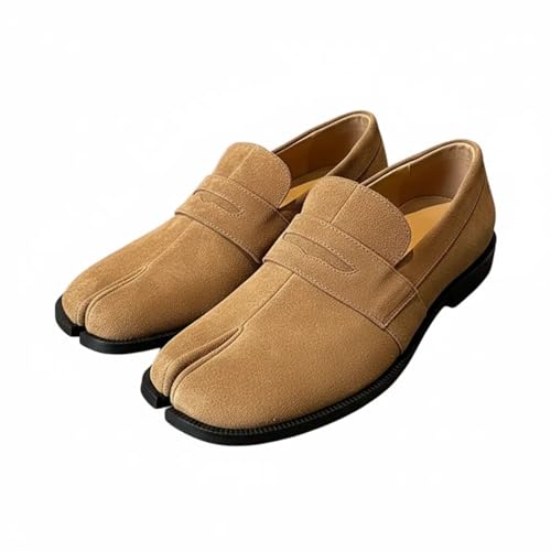 ZQW Tabi Shoes for Men Women Suede Loafers Leather Slip On Split Toe Comfortable Flat Dress Shoes for Casual Office Business Wear (Light Brown,8.5)
