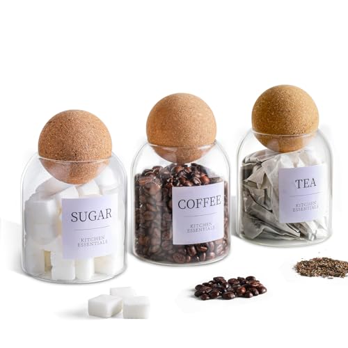 MHDCLY Tea Coffee and Sugar Canisters Set 3 PCS Tea and Sugar Canisters Unique Cork Ball 500ml Glass Jars Kitchen Essentials Coffee Set Organiser