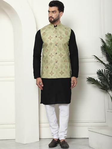Image of SOJANYA (Since 1958 Men's Cotton Linen Maroon Kurta and White Pyjama with Mustard Cotton Nehru Jacket