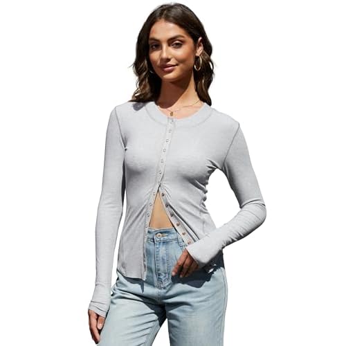 Homepeaz Cardigan for Women Lightweight Y2K Snap Button Down Shirts Ribbed Knit Long Sleeve Tops Slim Fit Going Out Tops Grey Small