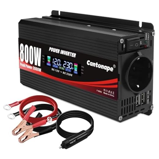 Cantonape Power Inverter 800W/2000W Peak DC 12V till AC 230V 240V med EU-uttag och LCD-display spänningsomvandlare med cigarettändaradapter i bil och krokodilklämma för batteri