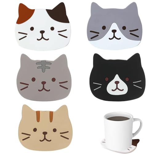 5 sottobicchieri in silicone, simpatici gatti dei cartoni animati, antiscivolo, resistenti al calore, per vino, vetro, tè, bevande, birra, casa, cucina e molti altri