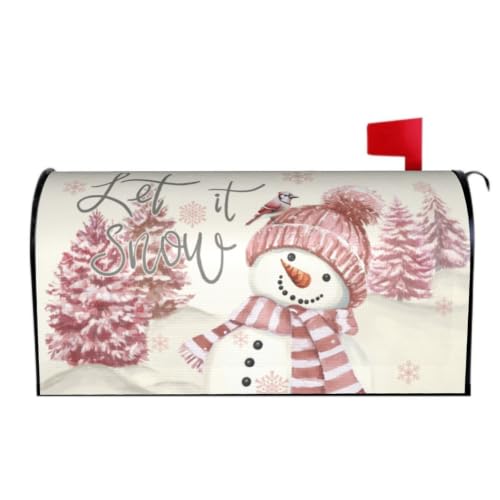 Image of Pink Snowman Mailbox Cover Magnetic- 25.5x21 Inch Large Size- Winter Pine Tree Bird Xmas Snowflake Waterproof Mailbox Wrap Post Cover for Yard Garden Outside Ourdoor Decor