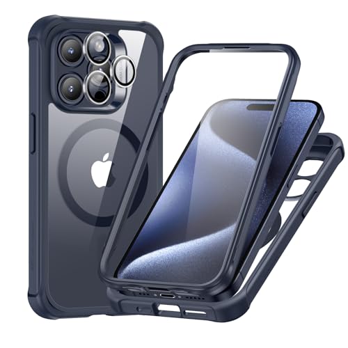 Image of ESR for iPhone 15 Pro Case, Compatible with MagSafe, Full-Body Military-Grade Drop Proof Case with Built-in 9H+ Tempered Glass Screen Protector, Armor Series, Clear Dark Blue