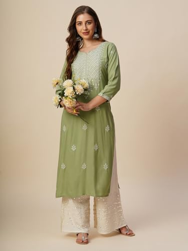 Image of RATAN Rayon Straight Lucknowi Chikankari Ethnic Wear Kurta for Women