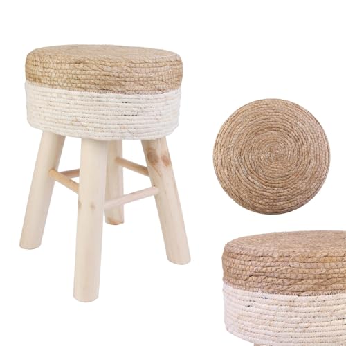 WDMT Taburete redondo de yute de 30 cm de diámetro, 42 cm de altura, patas de madera natural, diseño bicolor marrón y blanco, estilo bohemio