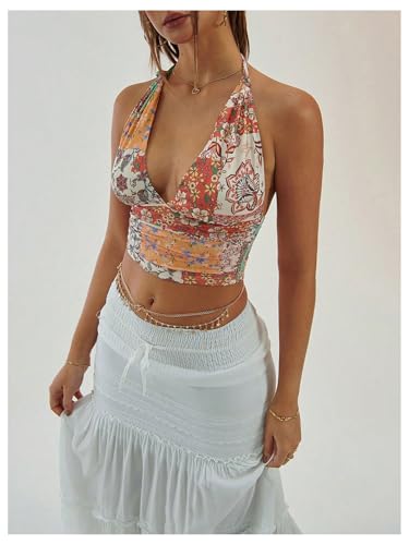 Milumia Women's Boho Paisley Print Tie Backless Halter Top Sleeveless Cropped Tops3