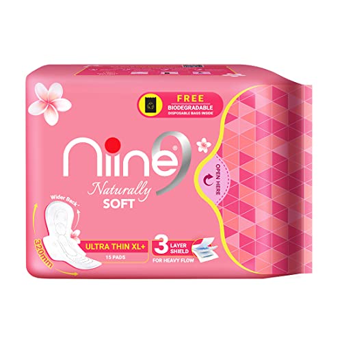 Image of NIINE Naturally Soft Ultra Thin XL+ Sanitary Napkins for Heavy Flow (Pack of 6) 90 Pads with Free Biodegradable Disposal Bags