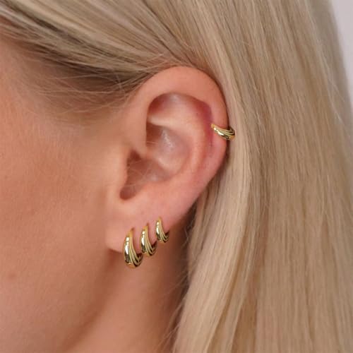 Image of Small Gold Huggie Hoop Earrings Set for Women Men Hypoallergenic 14K Plated Stack Cartilage Earrings, Sterling Silver Multiple Piercing Lightweight Mini Thin Cute Dainty Trendy Jewelry Gifts for Women