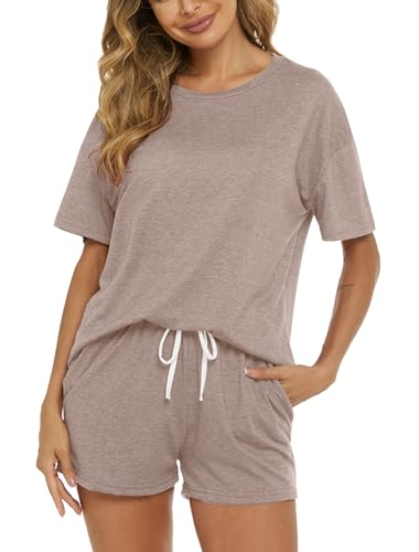 Image of LOCUBE Women's Pajama Set Soft Comfy 2-Piece Short Sleeve Lounge Sleepwear with Drawstring Shorts and Pockets